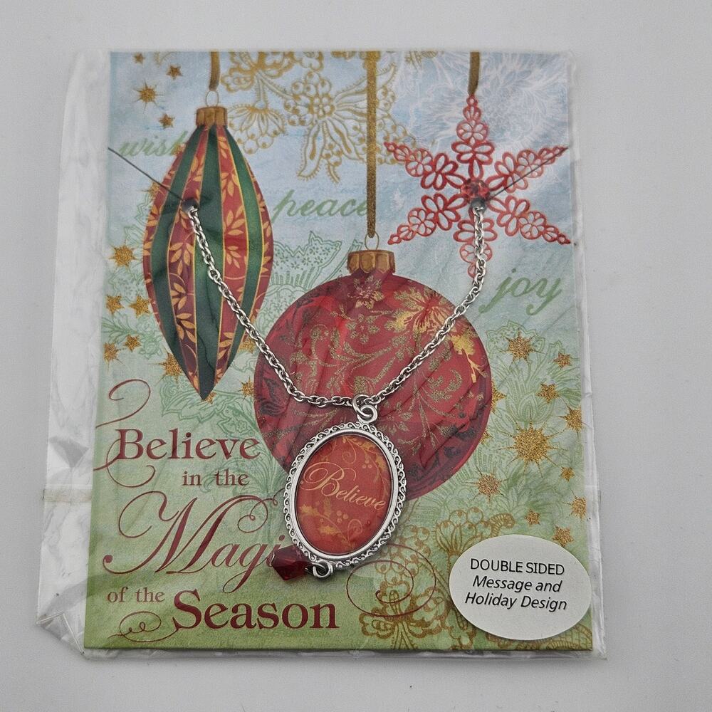Silver Tone Christmas Pendant Necklace Red Believe Charm Traditional Holiday New